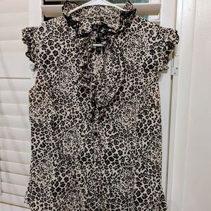 Ruffled Tie-Neck Leopard Print Blouse - Black on Cream